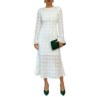Women's Lace Long Sleeve Midi Dress, Round Neck Flare Sleeve Bodycon Cocktail Dress