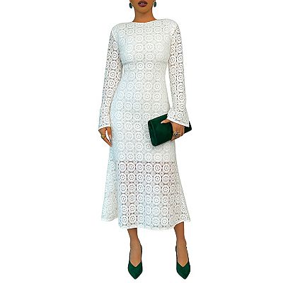 tea length bodycon dress with long sleeves SHEIN Lady Women Elegant Pink Lace Midi Dress Long Sleeve Round Neck Bodycon  Perfect For Cocktail Parties Tea Party Day Party And Special Occasions  Autumn