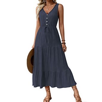 Women's Sleeveless V Neck Tiered Maxi Dress, Button Front Drawstring Summer Casual Dress