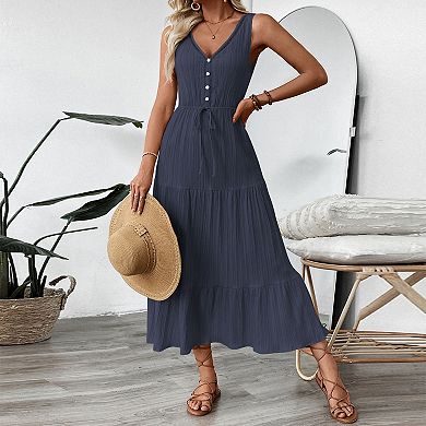 Women's Sleeveless V Neck Tiered Maxi Dress, Button Front Drawstring Summer Casual Dress