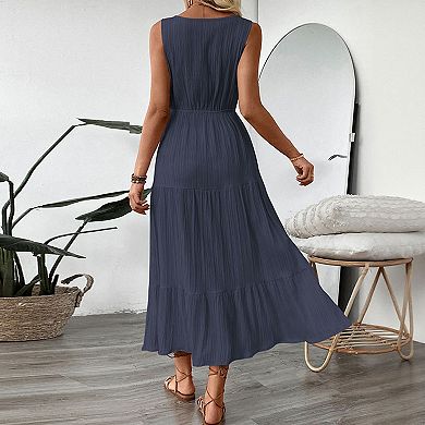 Women's Sleeveless V Neck Tiered Maxi Dress, Button Front Drawstring Summer Casual Dress