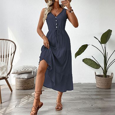 Women's Sleeveless V Neck Tiered Maxi Dress, Button Front Drawstring Summer Casual Dress