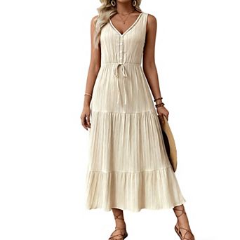 Women's Sleeveless V Neck Tiered Maxi Dress, Button Front Drawstring Summer Casual Dress