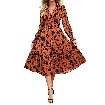 Womens Floral Print Long Sleeve Midi Dress Smocked Waist Ruffle Cuff Elegant Dresses