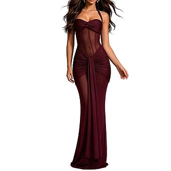 Womens Halter Neck Mesh Panel Maxi Dress Ruched Detail And Form Fitting Elegant Long Dress