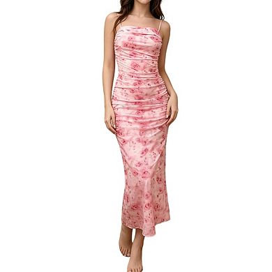 Womens Floral Print Spaghetti Strap Maxi Dress Ruched Detail Form Fitting Elegant Dresses