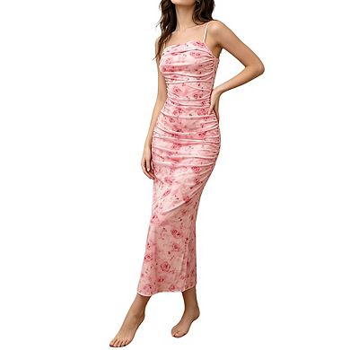 Womens Floral Print Spaghetti Strap Maxi Dress Ruched Detail Form Fitting Elegant Dresses
