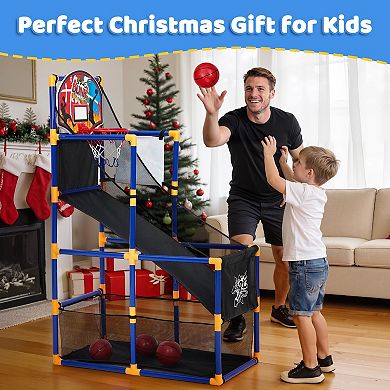 2-in-1 Adjustable Kids Basketball Arcade Game Set Hoop & Sticky Toss with Ball Return for Ages 3+