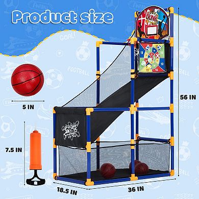 2-in-1 Adjustable Kids Basketball Arcade Game Set Hoop & Sticky Toss with Ball Return for Ages 3+