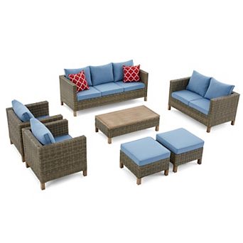 7 pc Outdoor Patio Conversation Set with Sofa, Loveseat, Coffee Table, Chairs, Ottomans