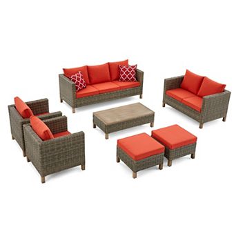 7 pc Outdoor Patio Conversation Set with Sofa, Loveseat, Coffee Table, Chairs, Ottomans