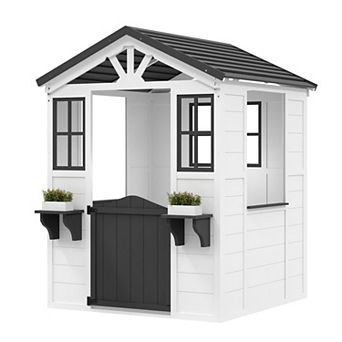 Cedar Wooden Kids Playhouse with Play Kitchen, Outdoor Toddler Cottage with Vinyl Roof for Backyard