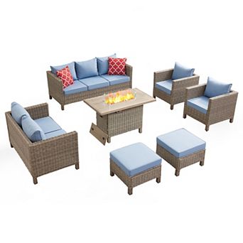 7 pc Modular Outdoor Patio Conversation Set, All-Weather Wicker Furniture with Cushions