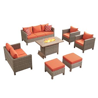 7 pc Modular Outdoor Patio Conversation Set, All-Weather Wicker Furniture with Cushions