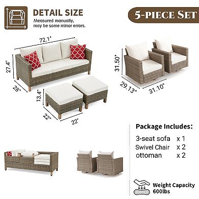 5-Piece Outdoor Patio Conversation Set with 360° Swivel Rocking Chairs, Sofa, Ottomans & Cushions
