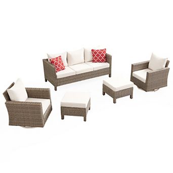 5 pc Outdoor Patio Conversation Set with 360° Swivel Rocking Chairs, Sofa, Ottomans & Cushions