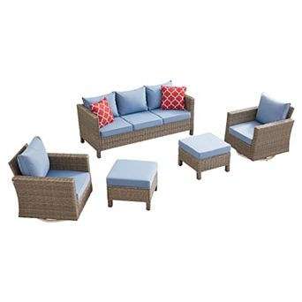 5 pc Outdoor Patio Conversation Set with 360° Swivel Rocking Chairs, Sofa, Ottomans & Cushions