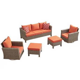5 pc Outdoor Patio Conversation Set with 360° Swivel Rocking Chairs, Sofa, Ottomans & Cushions