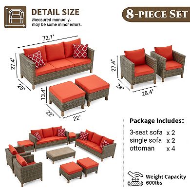 8-Piece Outdoor Patio Conversation Set with Dual Sofa, Chairs & Ottomans, All-Weather Wicker Seating