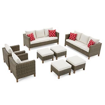 8 pc Outdoor Patio Conversation Set with Dual Sofa, Chairs & Ottomans, All-Weather Wicker Seating