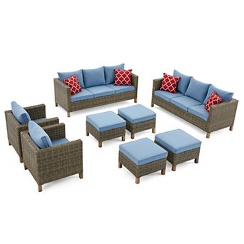 8 pc Outdoor Patio Conversation Set with Dual Sofa, Chairs & Ottomans, All-Weather Wicker Seating