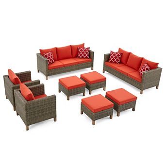 8 pc Outdoor Patio Conversation Set with Dual Sofa, Chairs & Ottomans, All-Weather Wicker Seating