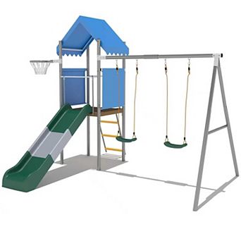 Kids Outdoor Playset with Dual Swings, Slide & Basketball Hoop Galvanized Steel Frame for Backyard