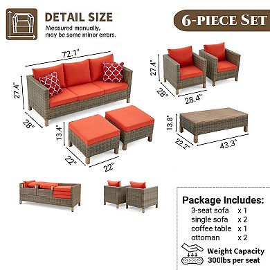 6-Piece Outdoor Patio Wicker Furniture Set with Sofa, Chairs, Ottomans, Coffee Table & Cushions