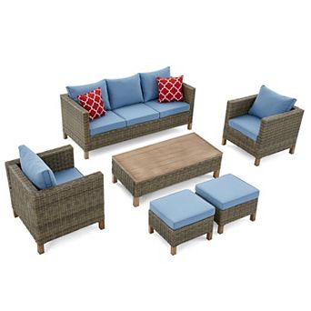 6 pc Outdoor Patio Wicker Furniture Set with Sofa, Chairs, Ottomans, Coffee Table & Cushions