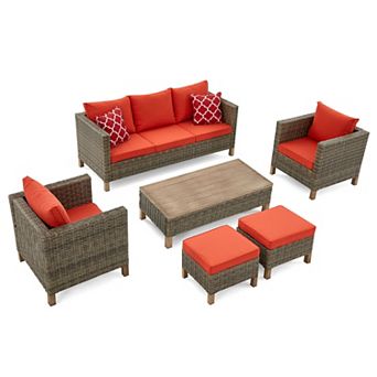 6 pc Outdoor Patio Wicker Furniture Set with Sofa, Chairs, Ottomans, Coffee Table & Cushions
