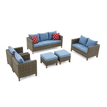6 pc Outdoor Patio Furniture Set with Sofa, Loveseat, Chairs, Ottomans, Cushions & Pillows