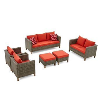 6 pc Outdoor Patio Furniture Set with Sofa, Loveseat, Chairs, Ottomans, Cushions & Pillows