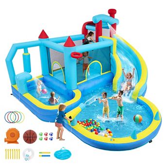 Inflatable Bounce House for Kids Water Slide, Climbing Wall, Basketball Hoop & Splash Pool