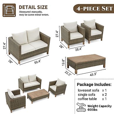4-Piece Outdoor Patio Wicker Conversation Set with Loveseat, Chairs & Coffee Table