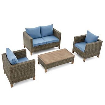 4 pc Outdoor Patio Wicker Conversation Set with Loveseat, Chairs & Coffee Table