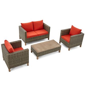4 pc Outdoor Patio Wicker Conversation Set with Loveseat, Chairs & Coffee Table