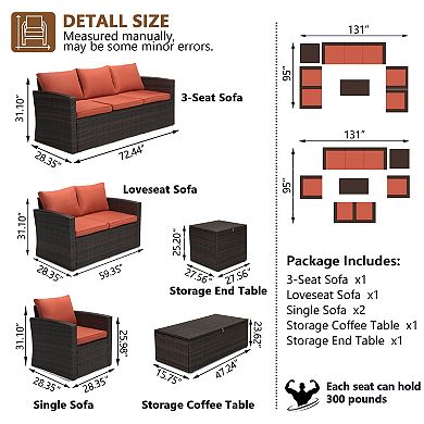 6-Piece Outdoor Patio Conversation Set with Storage Tables, Wicker Sofa, Loveseat & Chairs