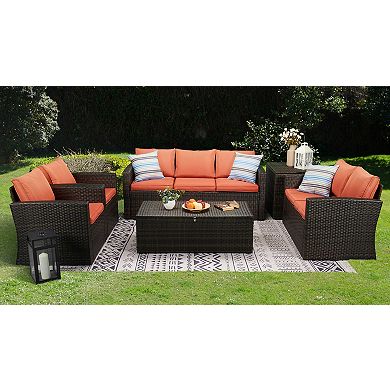 6-Piece Outdoor Patio Conversation Set with Storage Tables, Wicker Sofa, Loveseat & Chairs