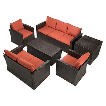 6 pc Outdoor Patio Conversation Set with Storage Tables, Wicker Sofa, Loveseat & Chairs