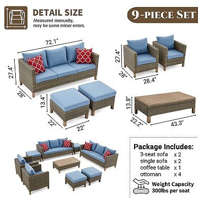 9-Piece Outdoor Patio Conversation Set with Dual Sofas, Chairs, Ottomans & Coffee Table