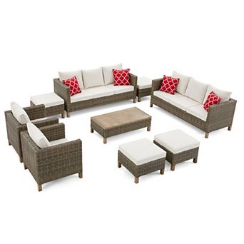 9 pc Outdoor Patio Conversation Set with Dual Sofas, Chairs, Ottomans & Coffee Table