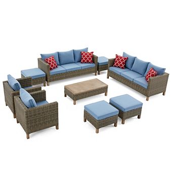 9 pc Outdoor Patio Conversation Set with Dual Sofas, Chairs, Ottomans & Coffee Table