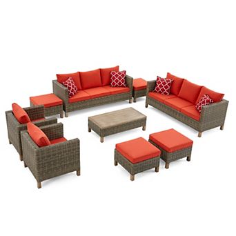 9 pc Outdoor Patio Conversation Set with Dual Sofas, Chairs, Ottomans & Coffee Table