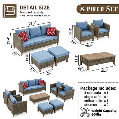 8-Piece Outdoor Patio Conversation Set with Sofa, 4 Chairs, Ottomans & Coffee Table