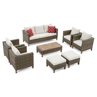 8 pc Outdoor Patio Conversation Set with Sofa, 4 Chairs, Ottomans & Coffee Table