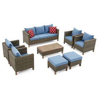 8 pc Outdoor Patio Conversation Set with Sofa, 4 Chairs, Ottomans & Coffee Table