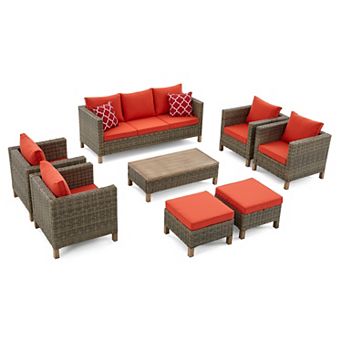 8 pc Outdoor Patio Conversation Set with Sofa, 4 Chairs, Ottomans & Coffee Table