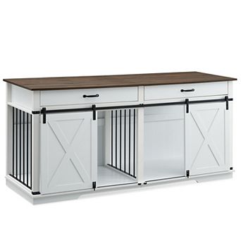 Large Dog Crate Furniture with Divider & 2 Drawers, Heavy-Duty Wooden Dog Kennel End Table
