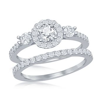 Sienna Vale Silver Tone Round Cubic Zirconia Halo Bridal Ring Set