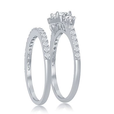 Sienna Vale Silver Tone Round Cubic Zirconia Halo Bridal Ring Set